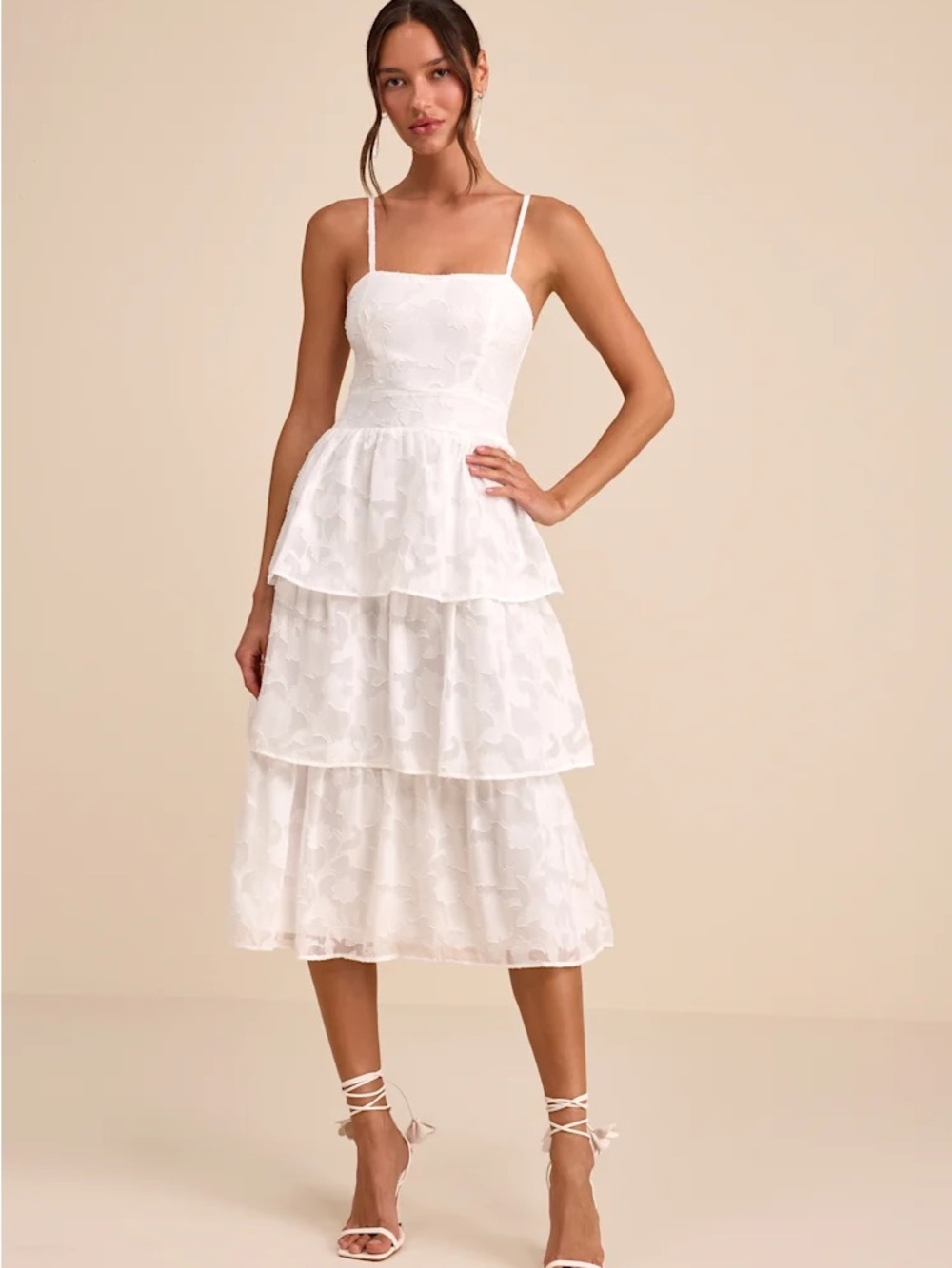 Lulu's White Tiered Spaghetti-Strap Midi Dress